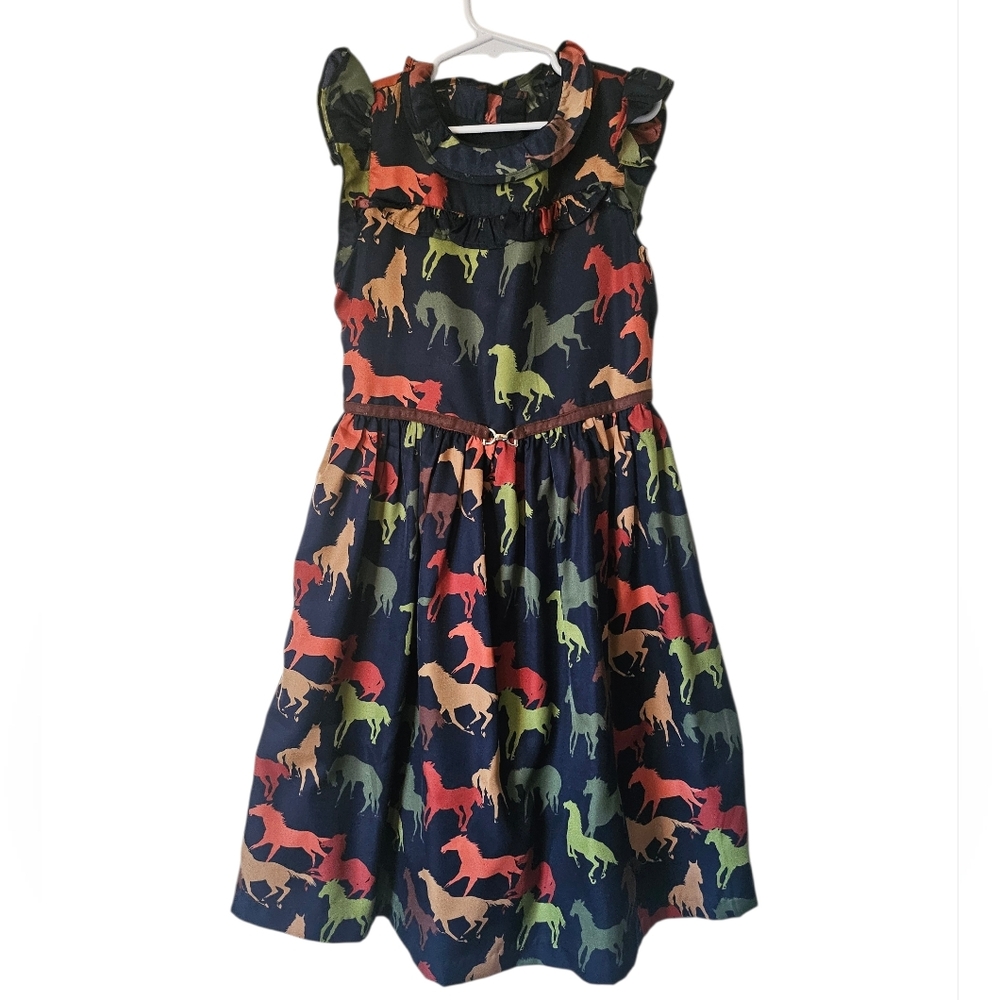 Janie And Jack Girls Dark Marine Horse Print Whimsical Ruffle Dress, Size 12